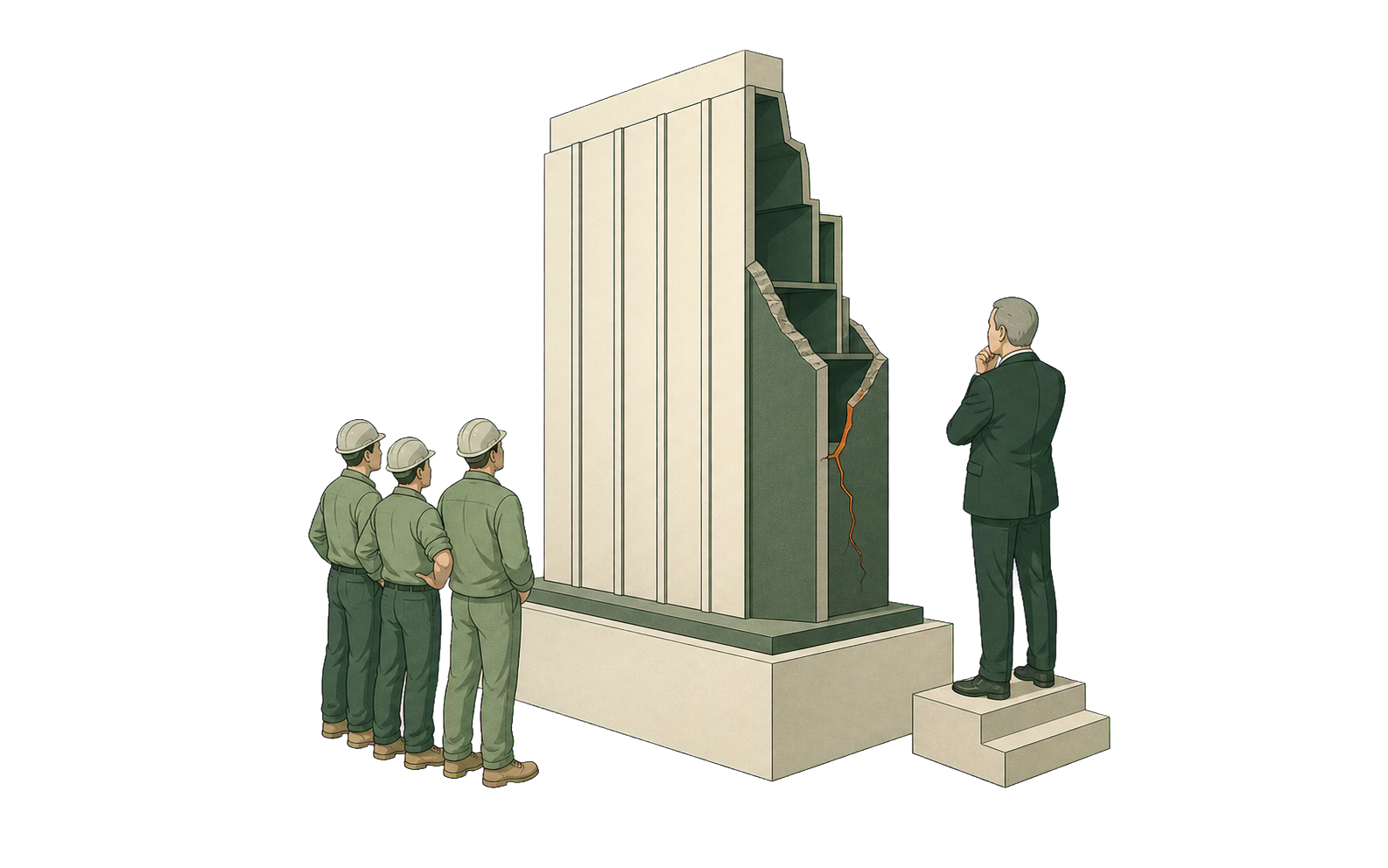Builders see the polished face of their work while an external decision-maker sees a hidden structural fault from the opposite viewpoint.