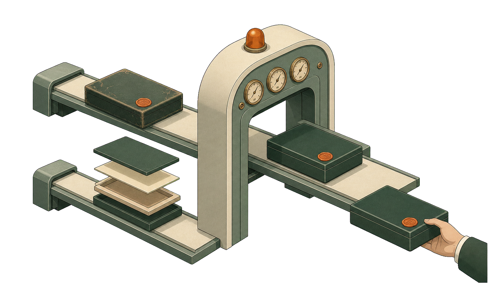 An existing proposal case and a newly assembled case travel by different routes through the same calibrated audience-testing arch.