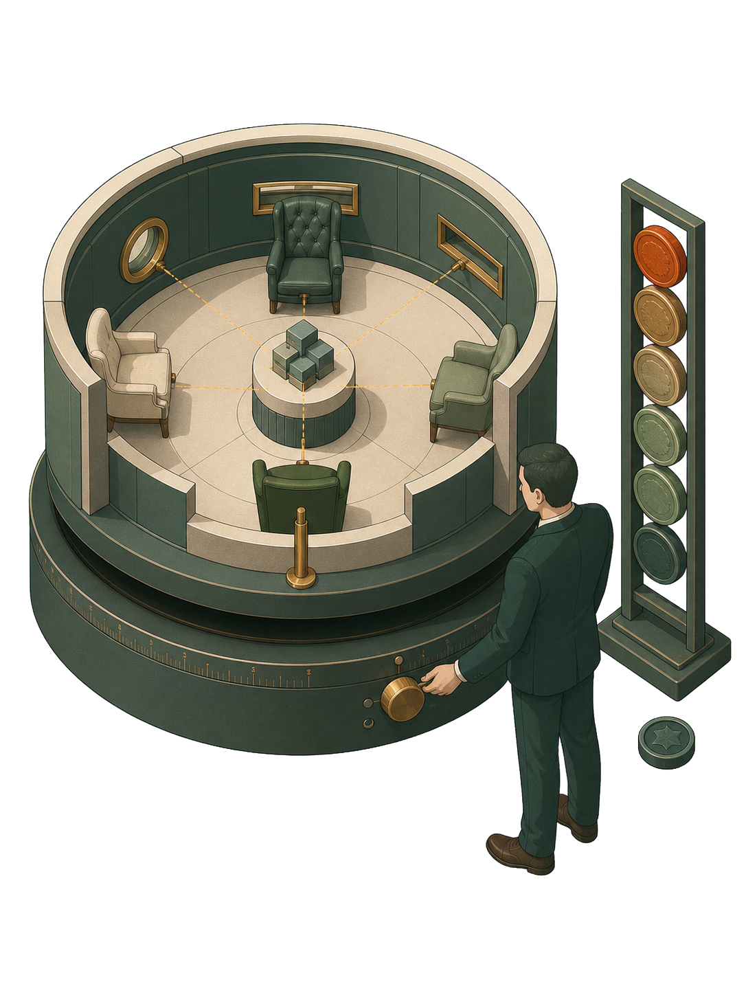 A calibrated decision-room model tests one central proposition from several distinct seats and sorts the resulting findings by risk.