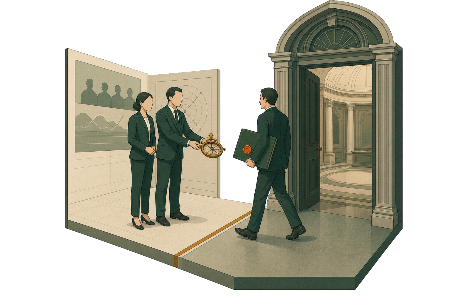 Advisers hand over a calibrated audience-reading instrument but stop at the threshold as the client carries the deliverable into the decision room.